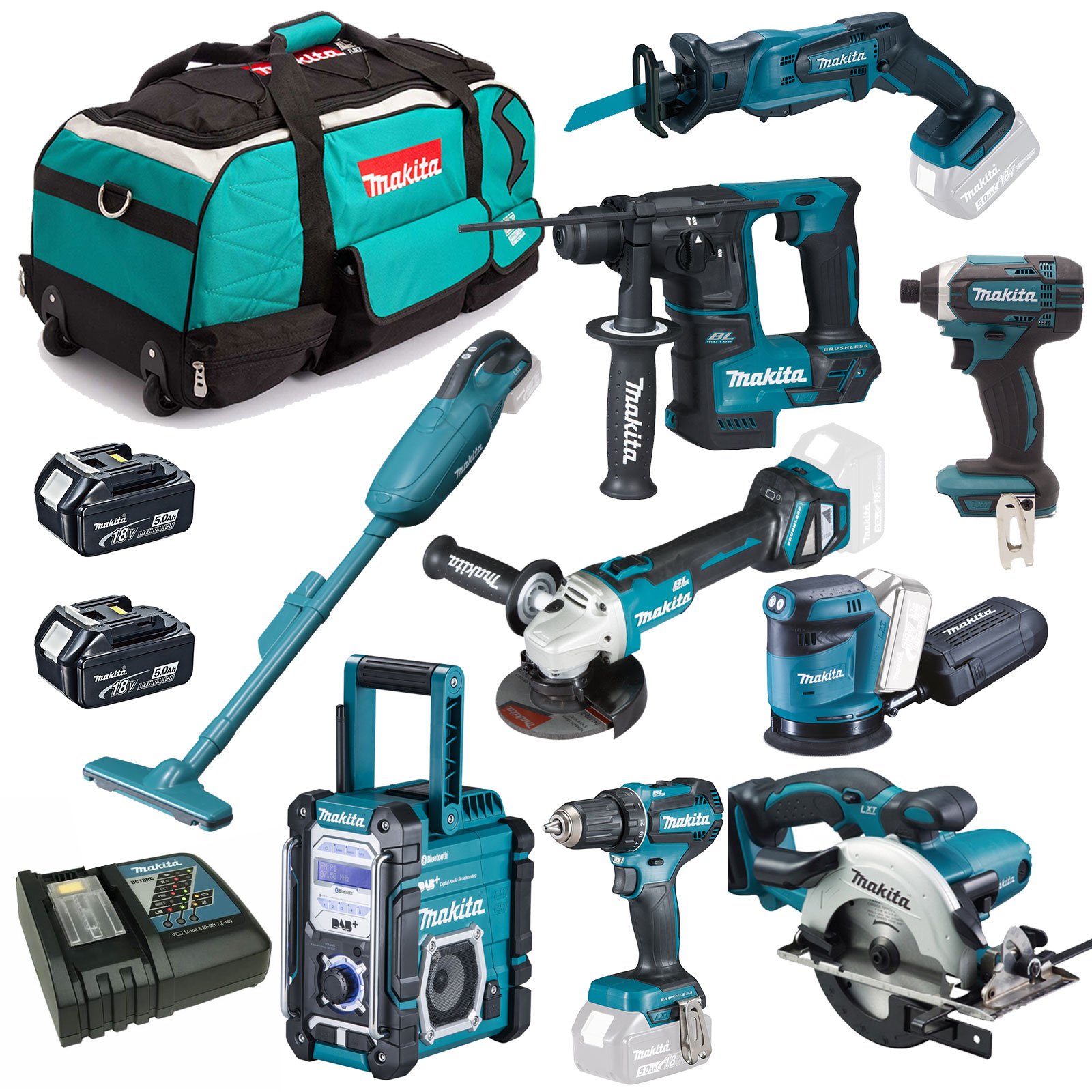 Makita Akku Combo Set 18V XXL inkl. DSS501 DGA511 DMR112 DCL182 DDF485 ...
